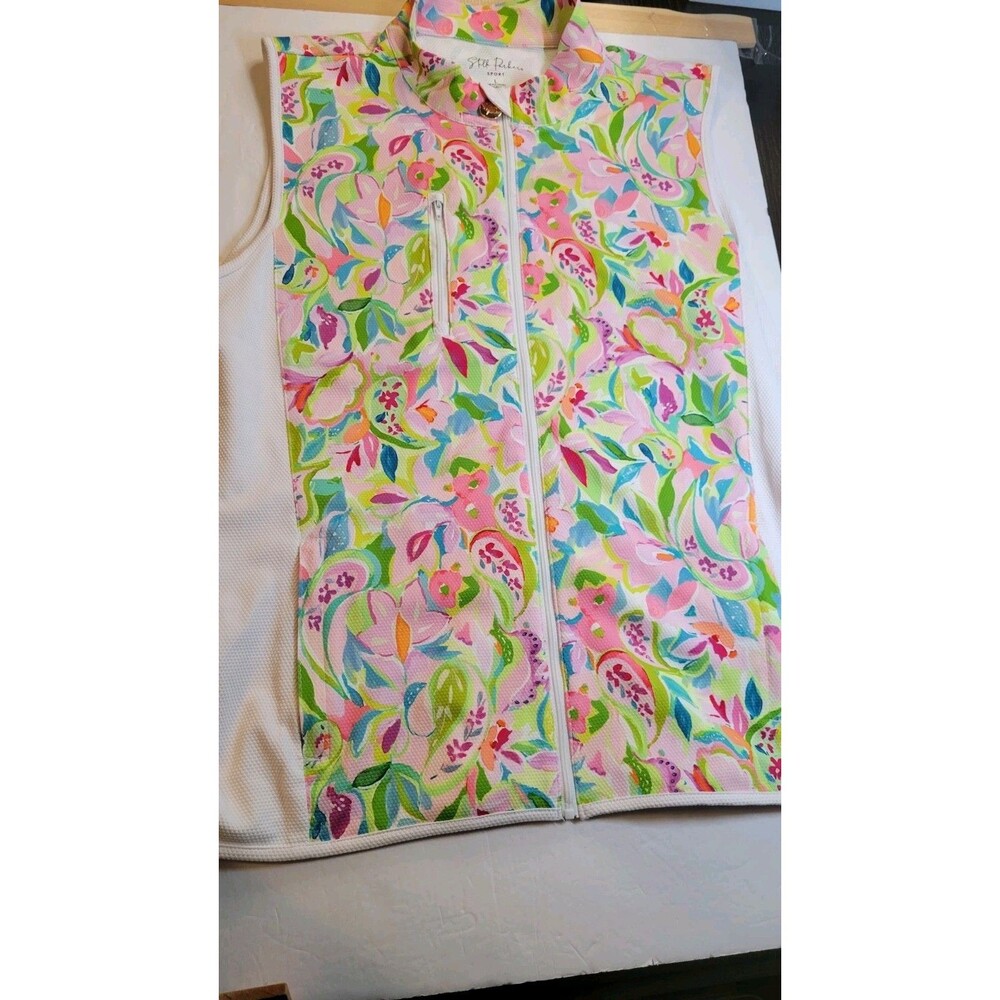Stella Parker Sport Golf Vest Paisley Floral Full Zip Pink Green White - Size L